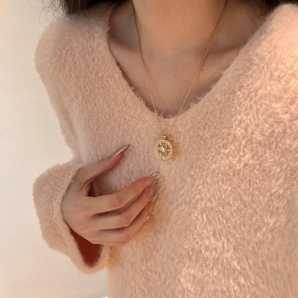 Silver Zircon Round Cut Halo Disc Pendant Necklace