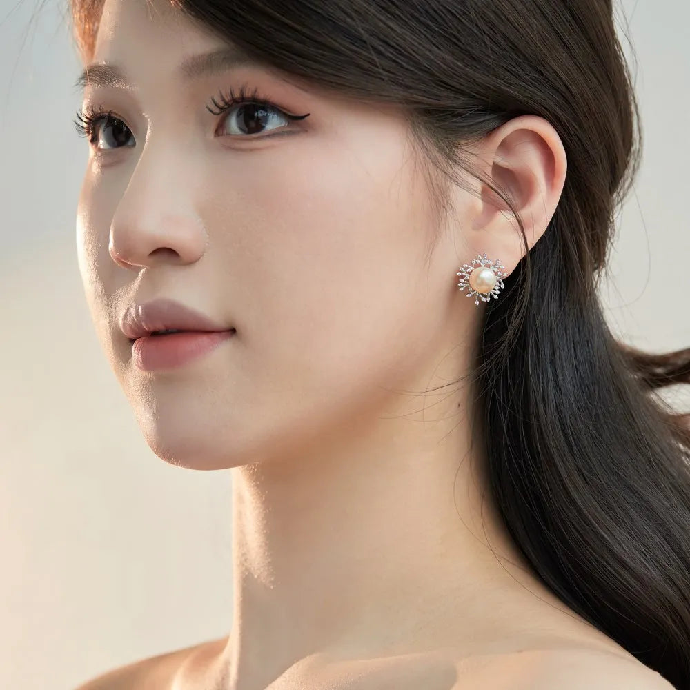 Silver Pearl Snowflake Ear Studs