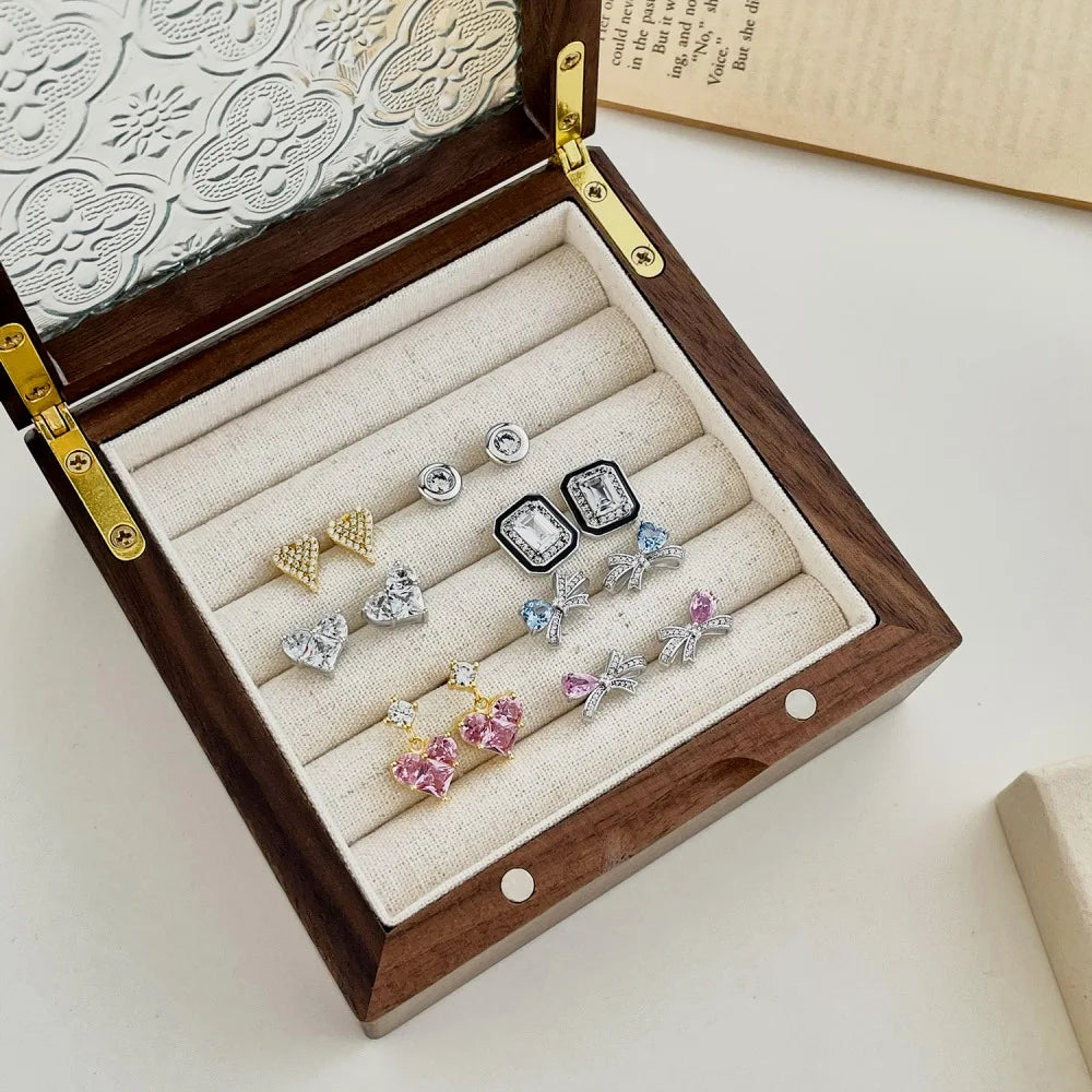 Silver Zircon Round Cut Iced Heart Ear Studs