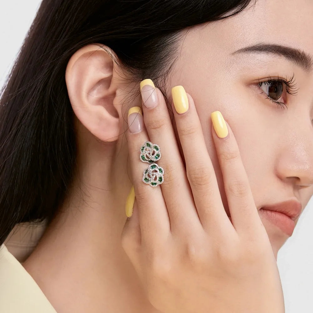 Silver Zircon Tapered Baguette Cut Iced Flower Ear Studs