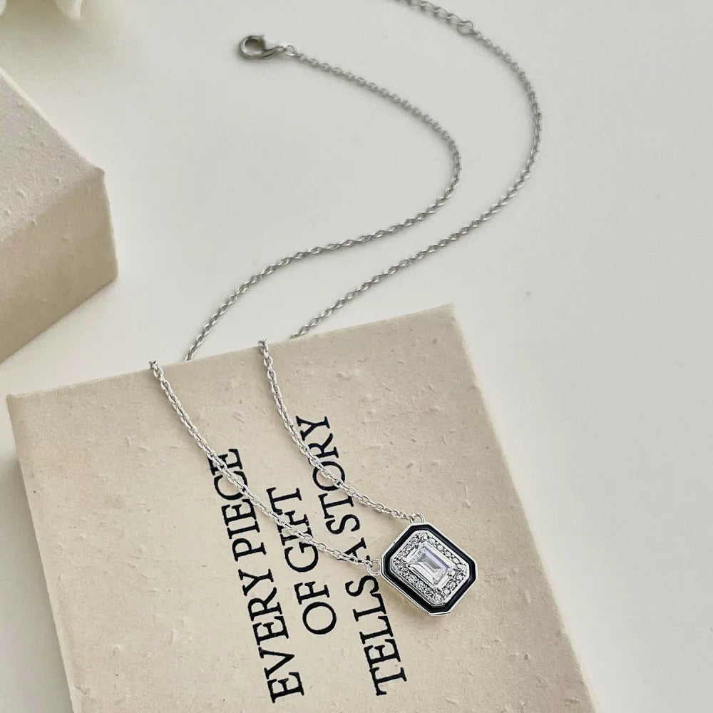 Silver Zircon Emerald Cut Frame Pendant Necklace