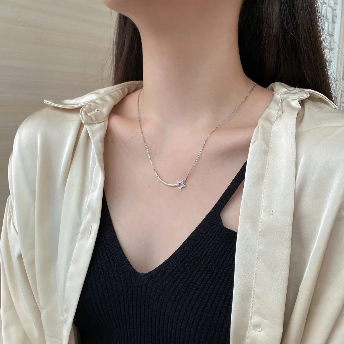 Silver Zircon Round Cut Star Bar Necklace
