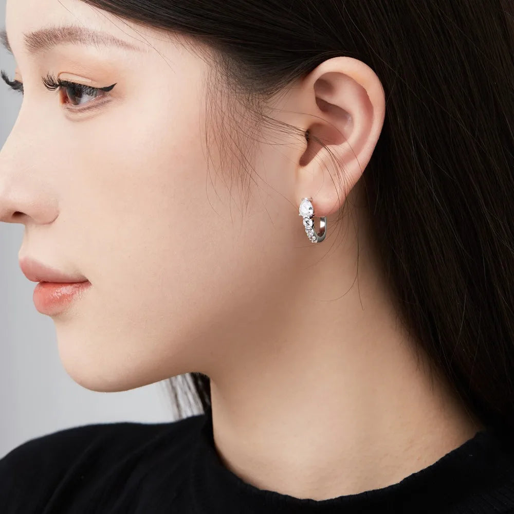 Silver Zircon Pear Cut Water Drop Ear Hoops