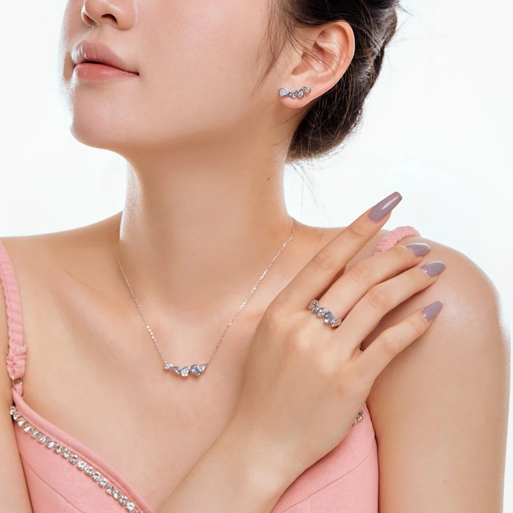 Silver Zircon Pear Cut Multi Shape Bar Necklace