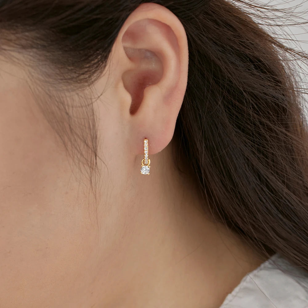 Silver Zircon Round Cut Drop Ear Hoops
