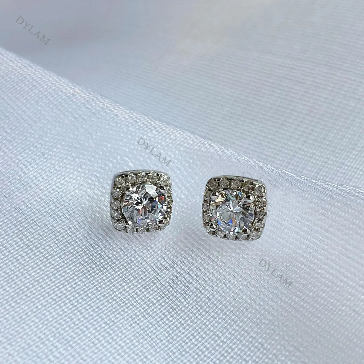 Silver Zircon Round Cut Cushion Ear Studs