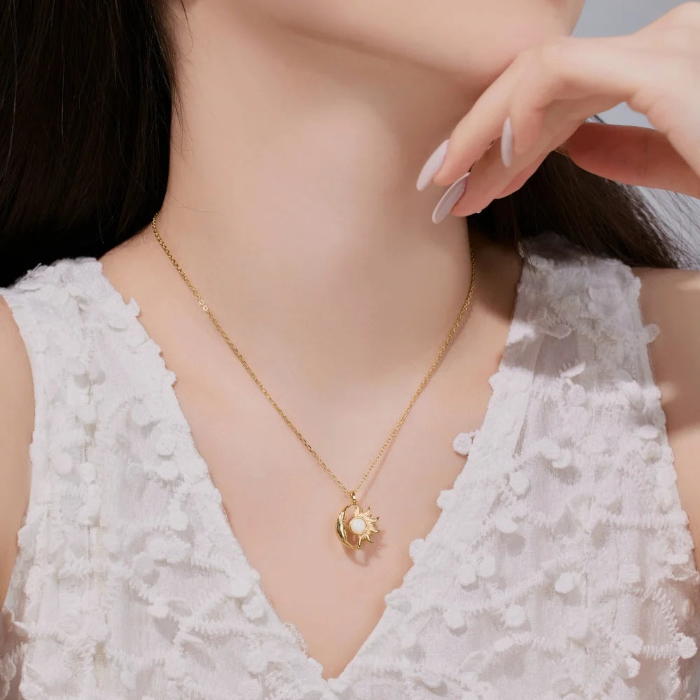 Silver Opal Round Cut Crescent Sunshine Pendant Necklace