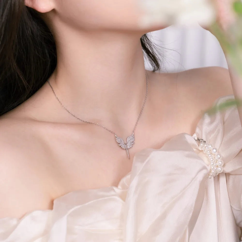 Silver Zircon Round Cut Sword & Wings Pendant Necklace
