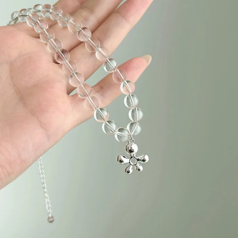 Silver Crystal Round Cut Flower Beaded Necklace