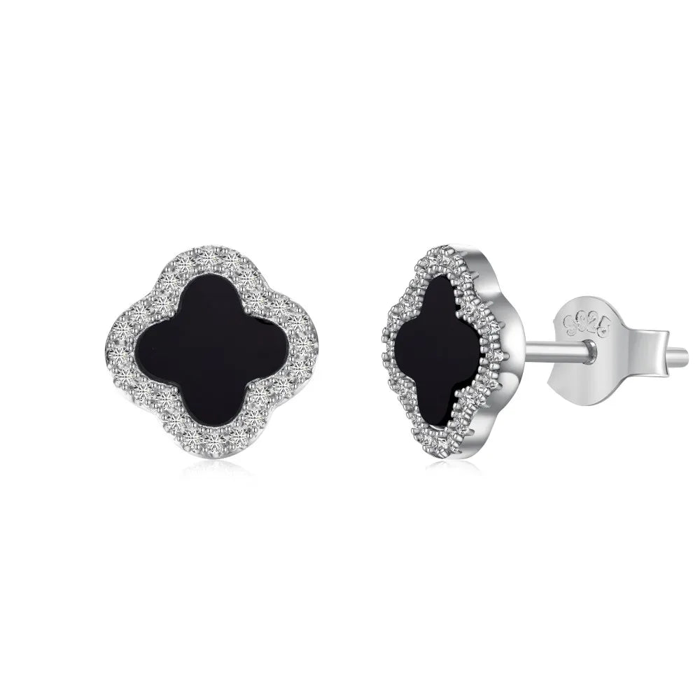 Silver Onyx Clover Cut Halo Ear Studs