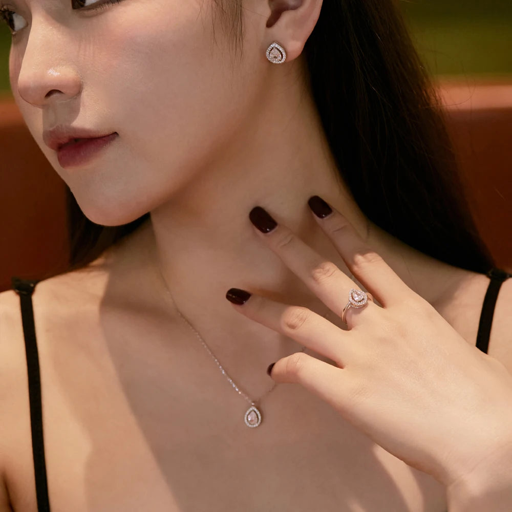 Silver Zircon Pear Cut Halo Water Drop Pendant Necklace