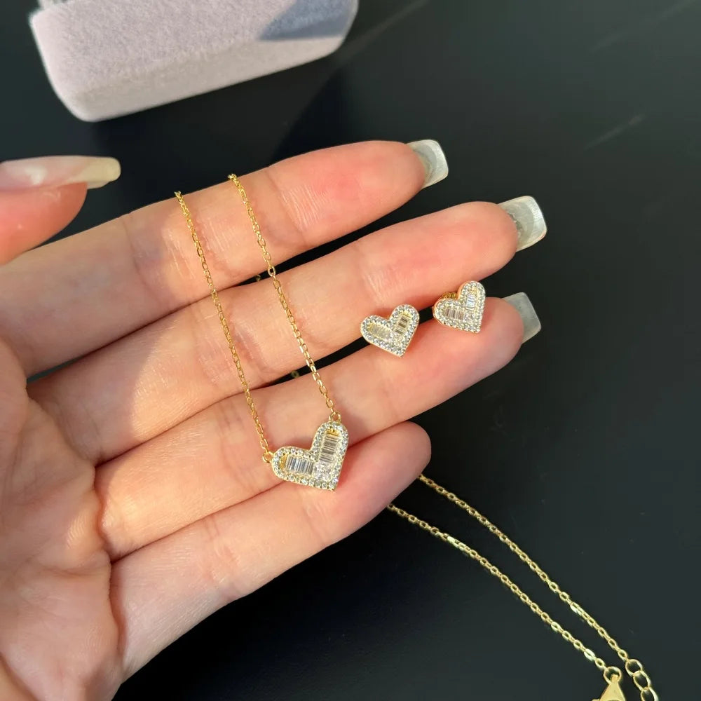 Silver Zircon Princess Cut Iced Halo Heart Pendant Necklace