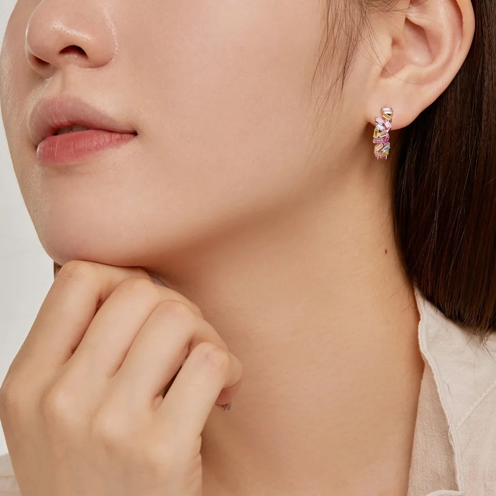 Silver Zircon Baguette Cut Irregular Ear Hoops