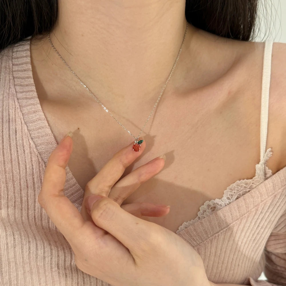 Silver Zircon Round Cut Apple Pendant Necklace