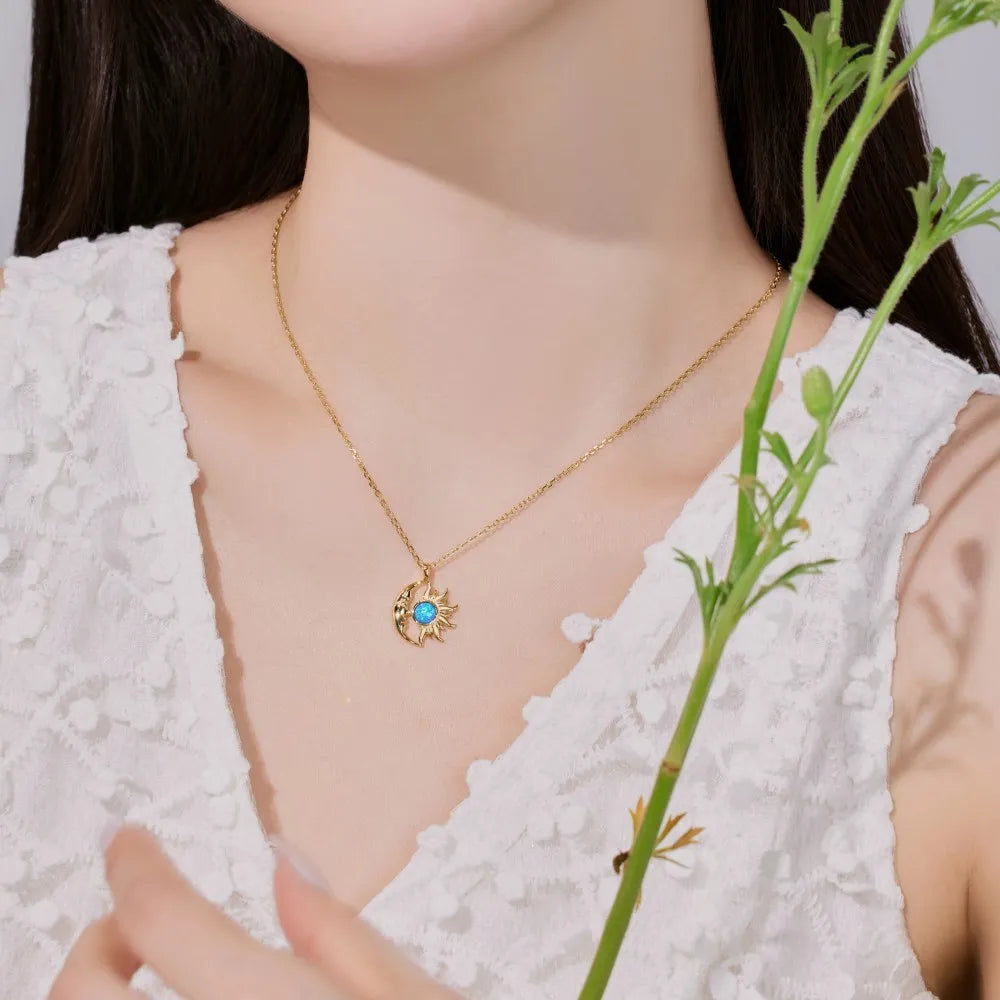 Silver Opal Round Cut Crescent Sunshine Pendant Necklace