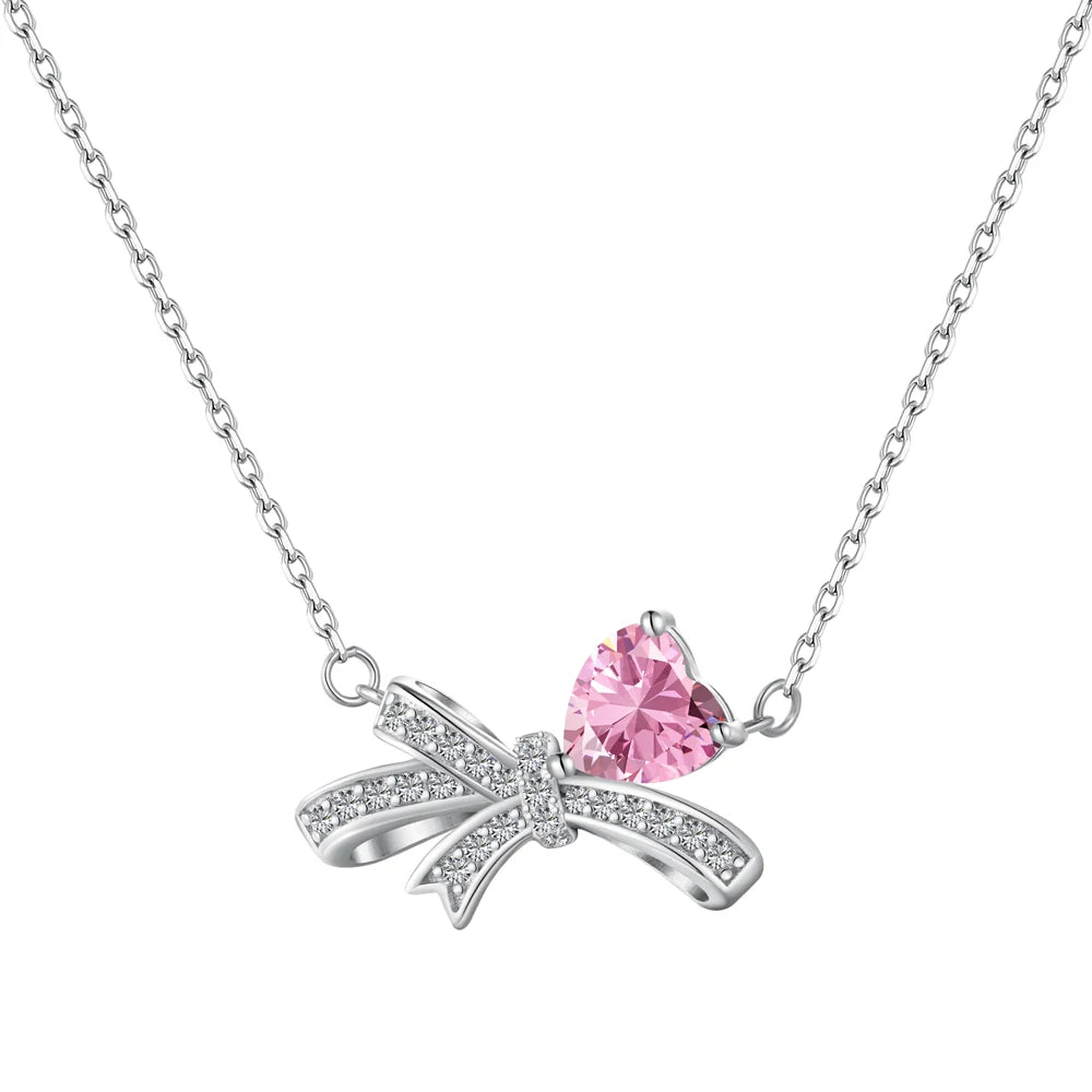 Silver Zircon Heart Cut Bow Knot Pendant Necklace