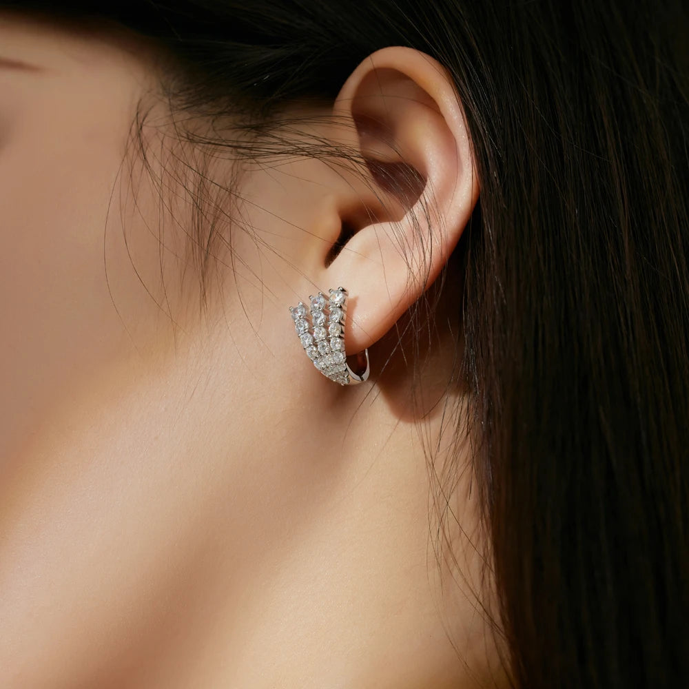 Silver Zircon Round Cut Twisted V Huggie Earrings