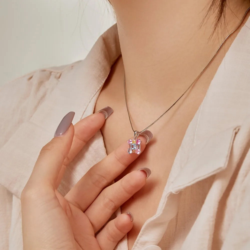 Silver Zircon Princess Cut Inlaid Cube Pendant Necklace