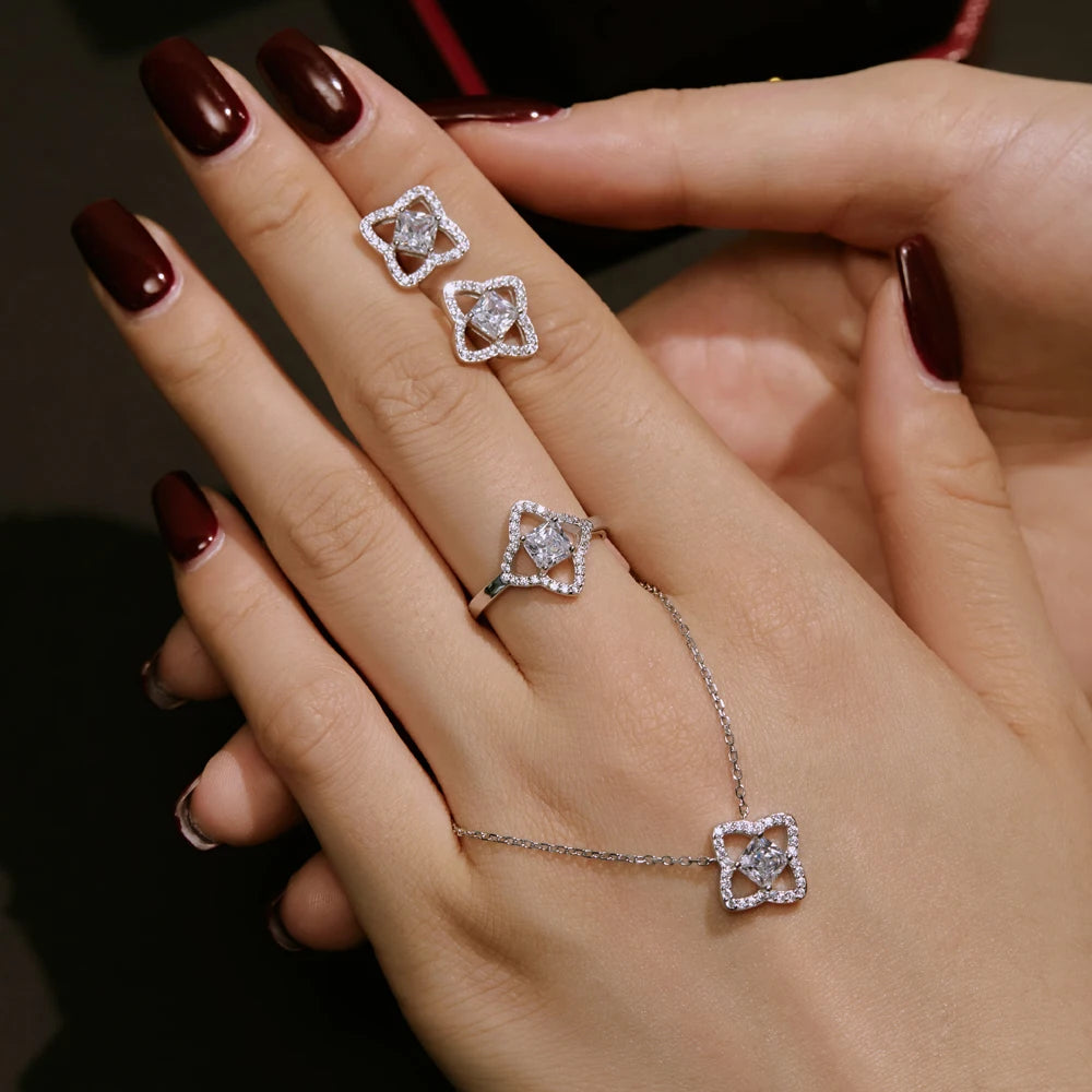 Silver Zircon Princess Cut Hollow Clover Pendant Necklace