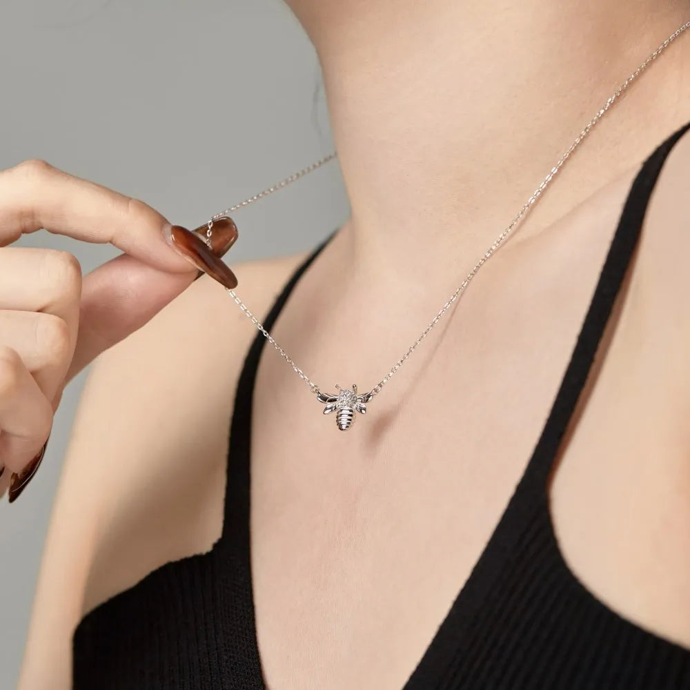 Silver Zircon Round Cut Bee Pendant Necklace