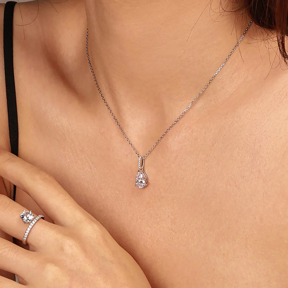 Silver Zircon Pear Cut Tear Pendant Necklace