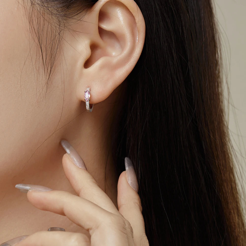 Silver Zircon Marquise Cut Brushed Huggie Earrings