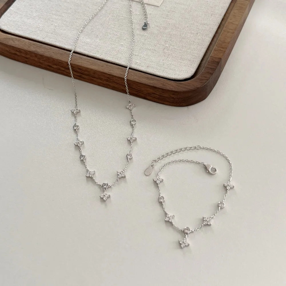 Silver Zircon Round Cut Star Chain Necklace
