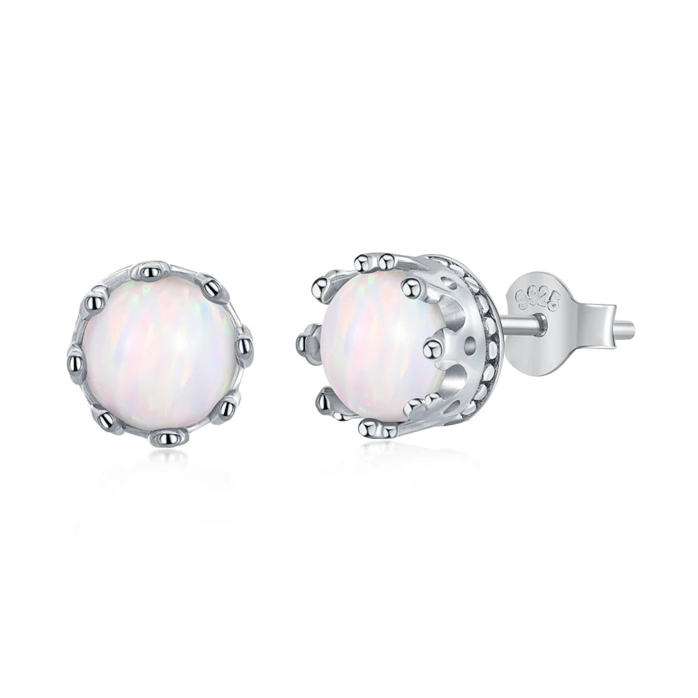 Silver Opal Round Cut Wrapped Ear Studs