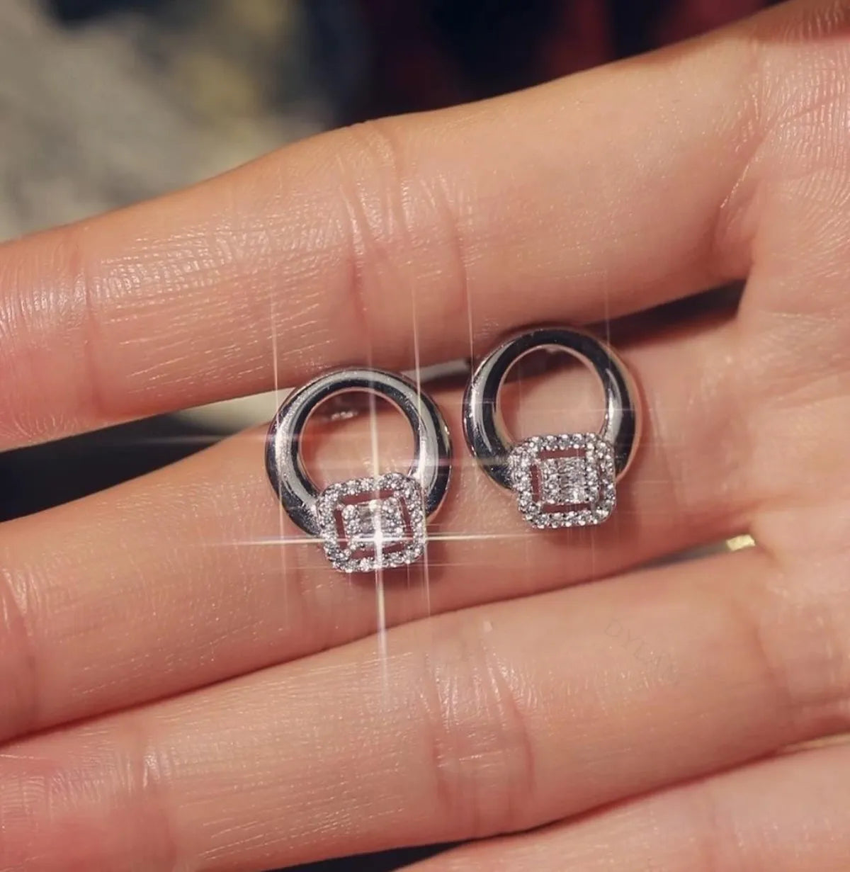 Silver Zircon Baguette Cut Hollow Disc Ear Studs