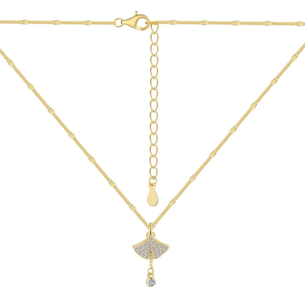 Silver Zircon Round Cut Ginkgo Leaf Pendant Necklace