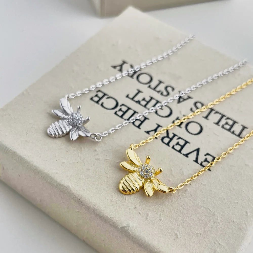 Silver Zircon Round Cut Bee Pendant Necklace