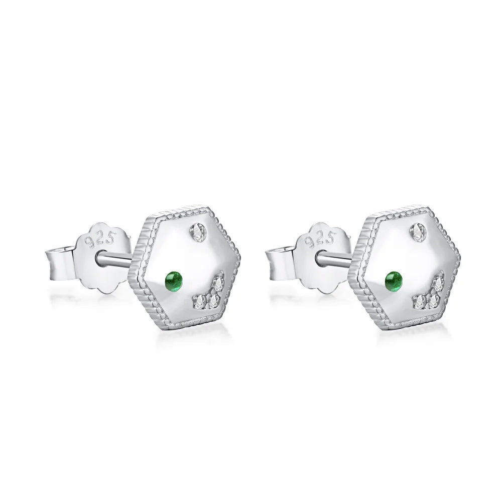 Silver Zircon Round Cut Hexagon Ear Studs