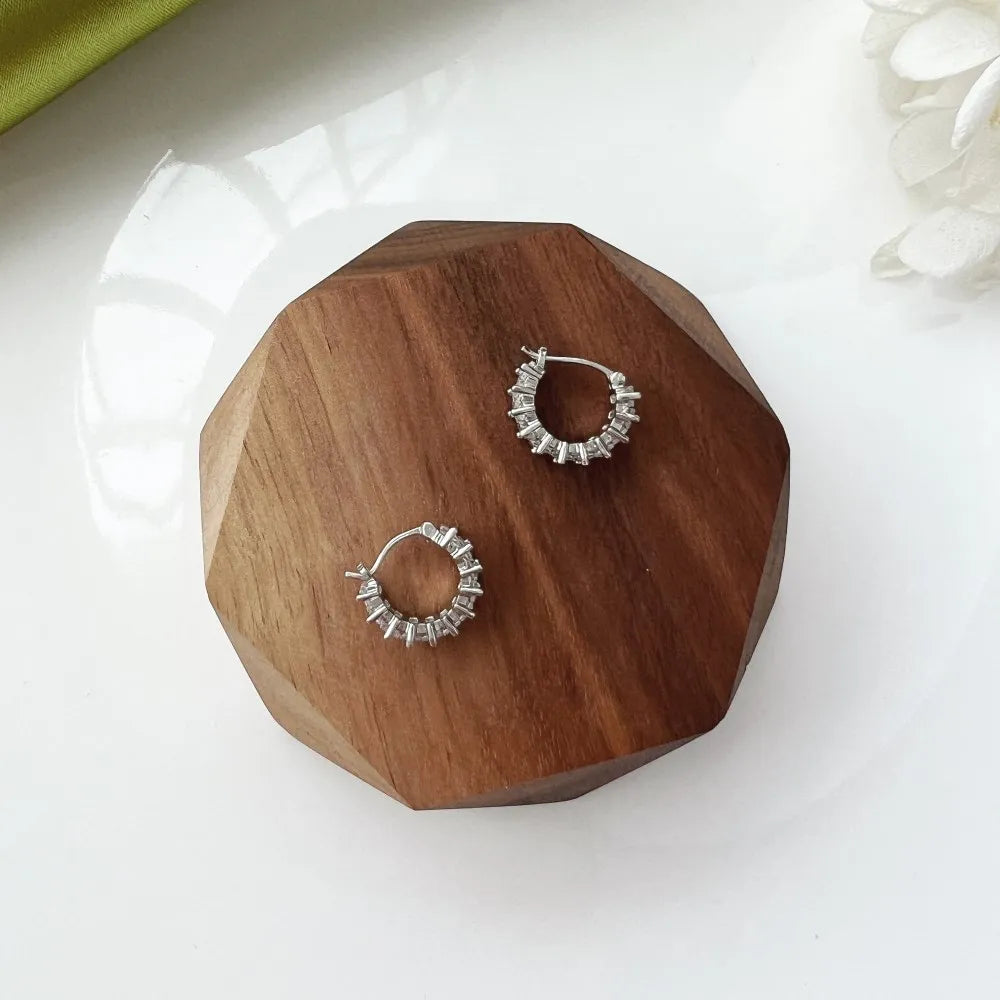 Silver Zircon Cushion Cut Chunky Inlaid Ear Hoops