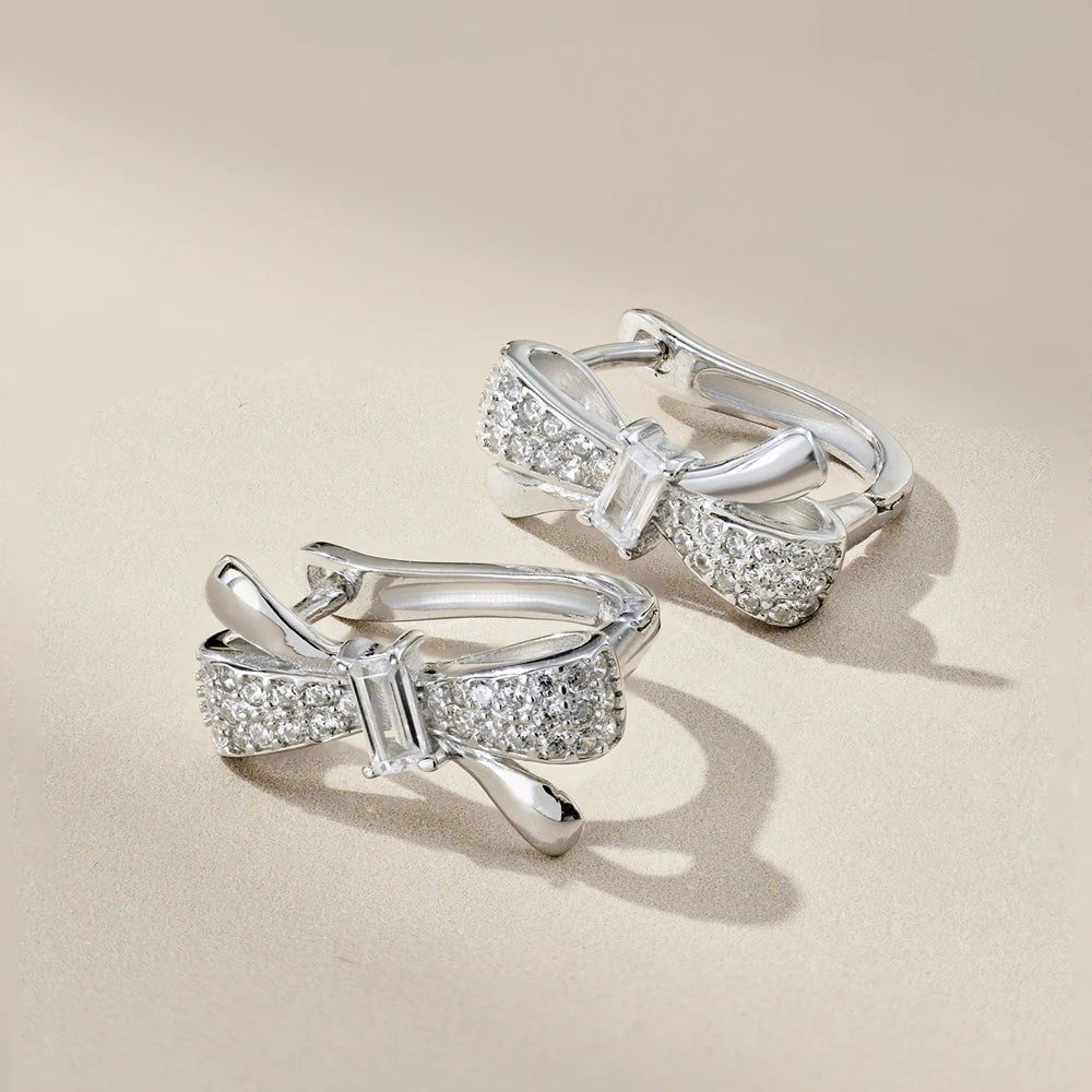 Silver Zircon Baguette Cut Bow Ear Hoops