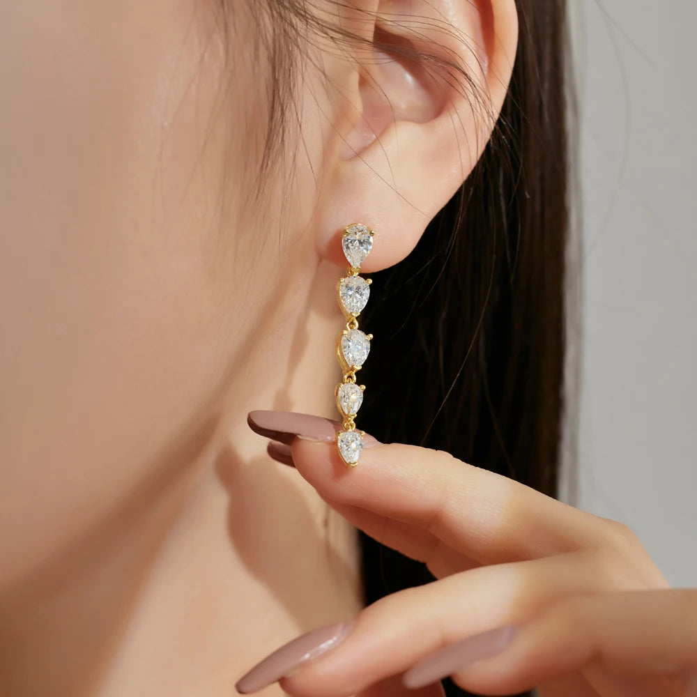 Silver Zircon Pear Cut Tear Tassel Drop Earrings