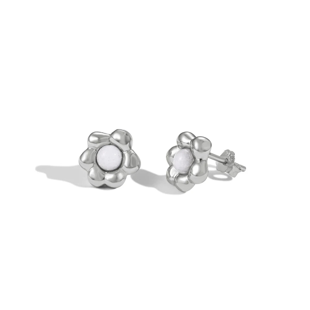 Silver Agate Round Cut Flower Ear Studs