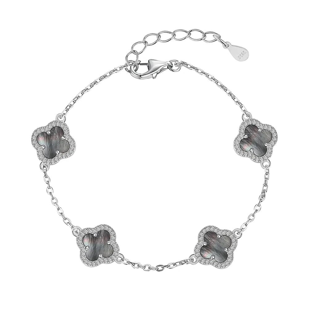 Silver Onyx Clover Cut Clover Charm Bracelet