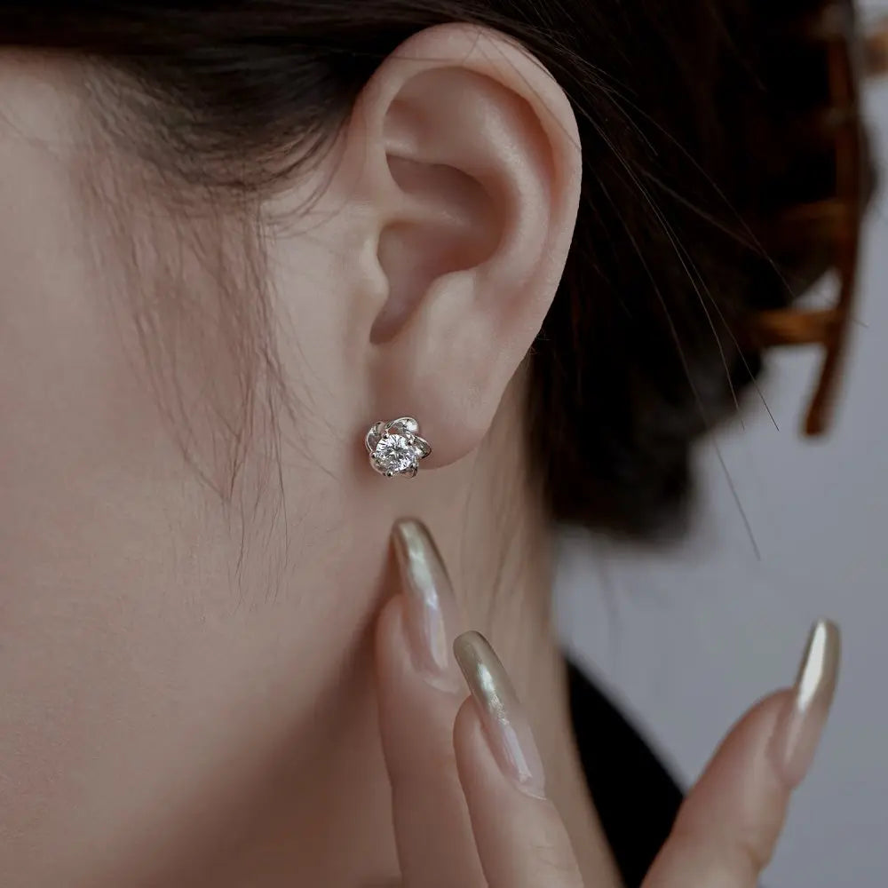 Silver Zircon Round Cut Sakura Flower Ear Studs