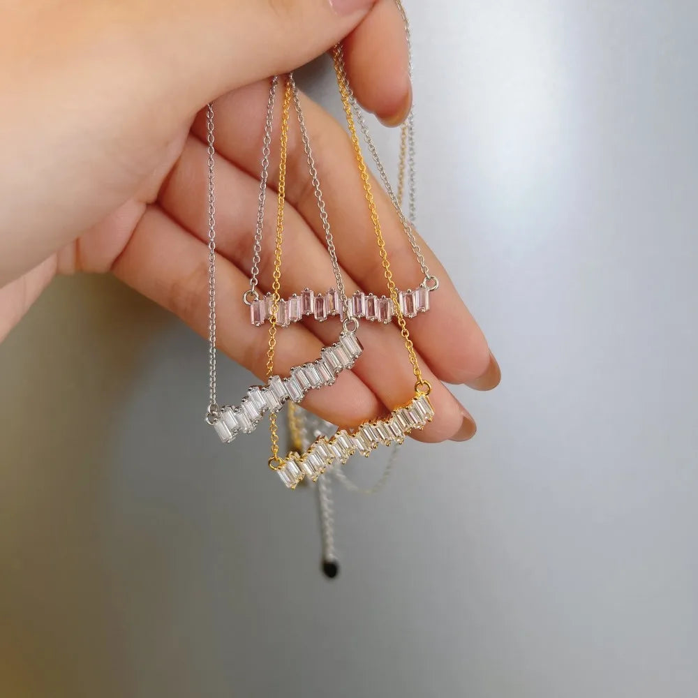 Silver Zircon Baguette Cut Irregular Bar Necklace