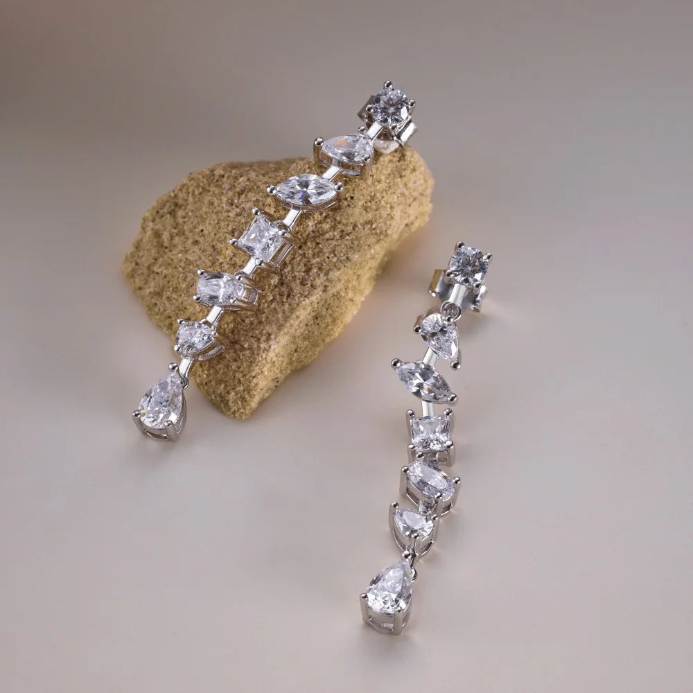 Silver Zircon Pear Cut Irregular Dangle Drop Earrings