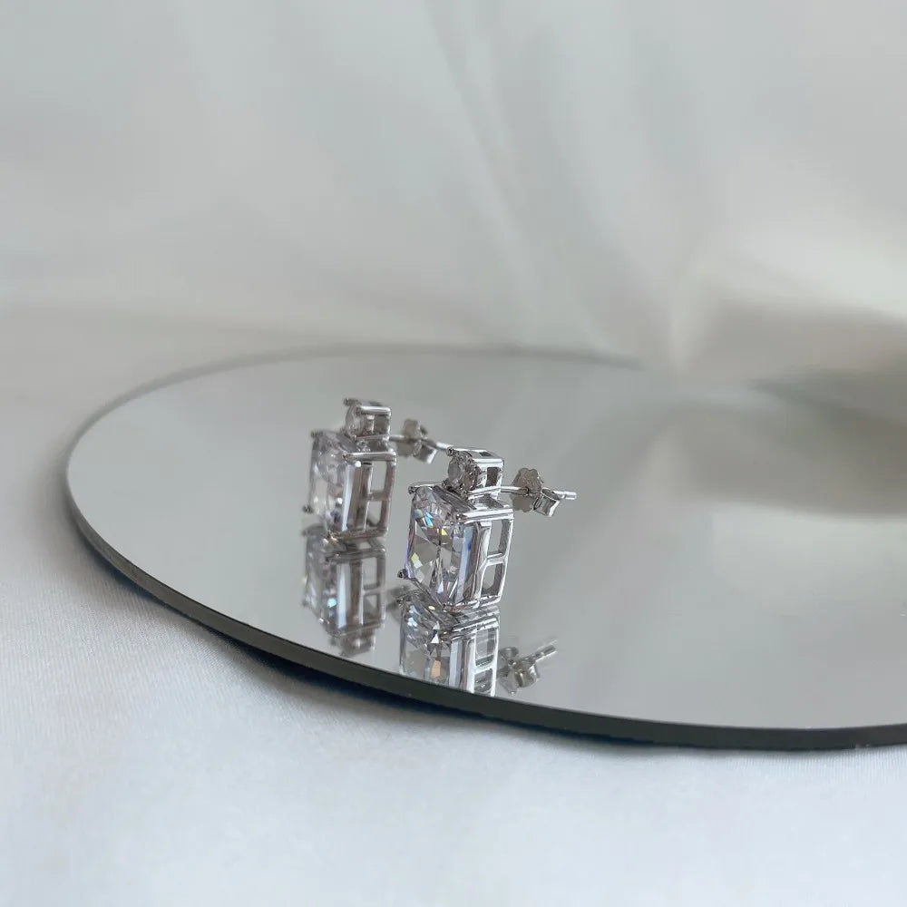Silver Zircon Radiant Cut Stacked Squared Ear Studs