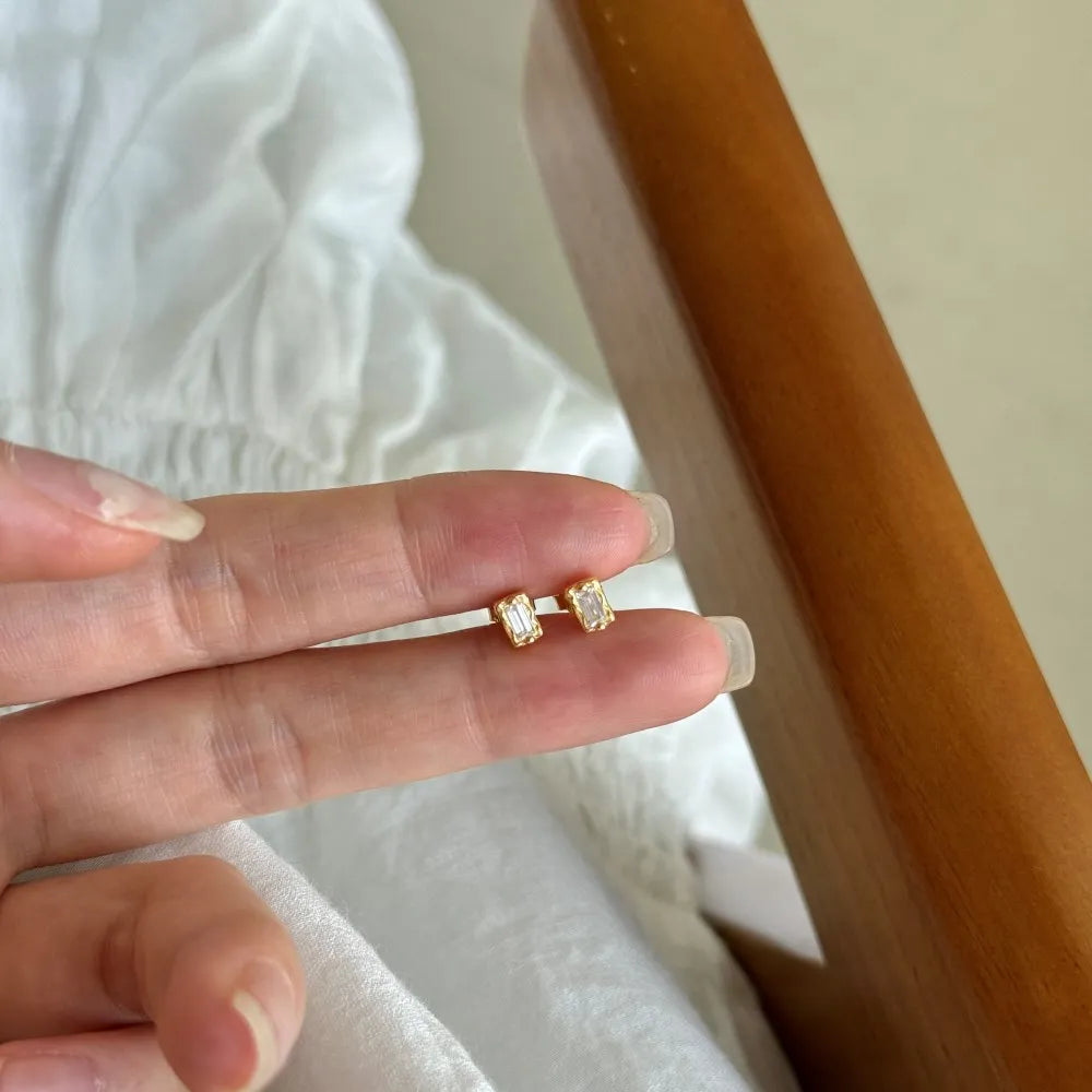 Silver Zircon Baguette Cut Melted Mirror Ear Studs