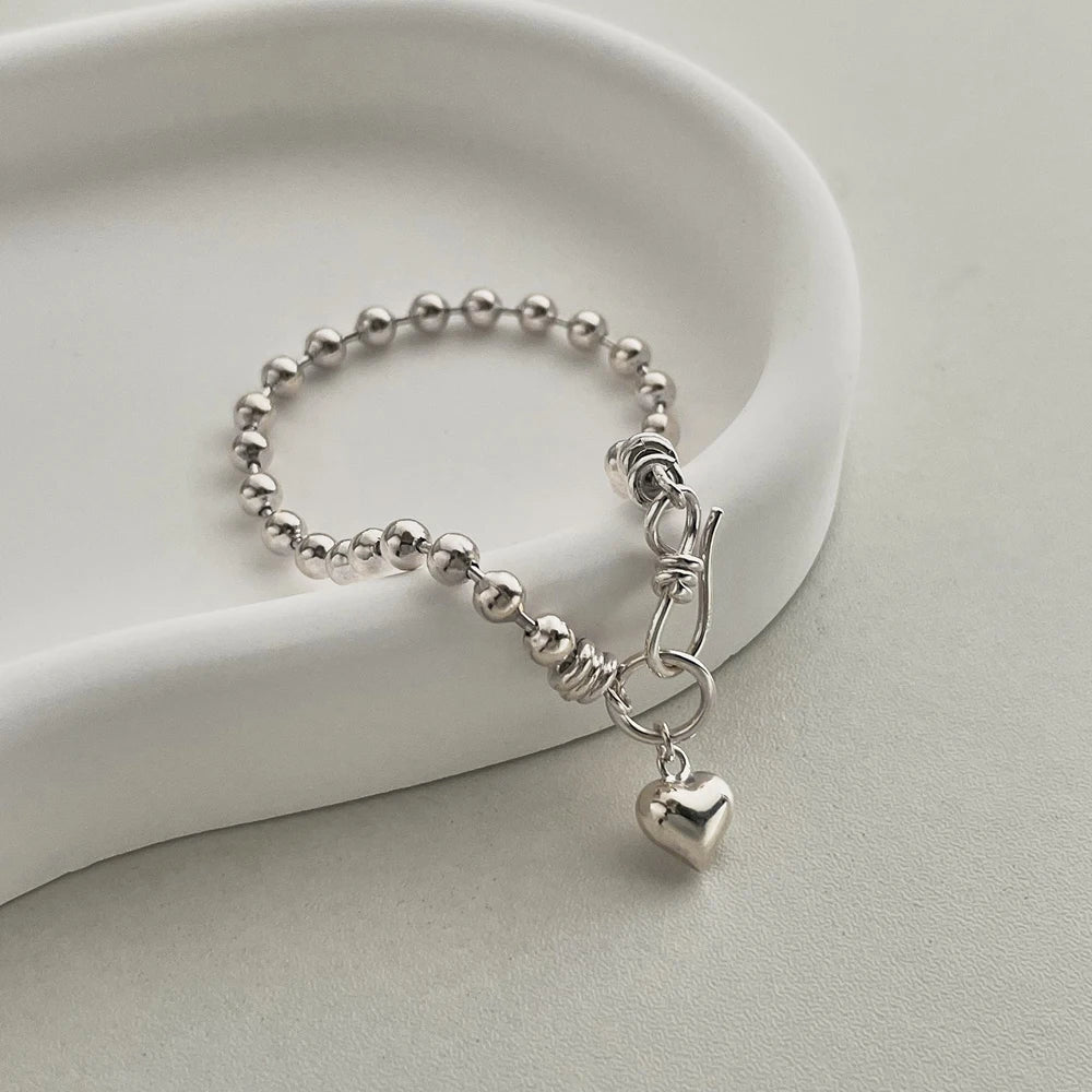 Silver Heart Bangle Beaded Bracelet