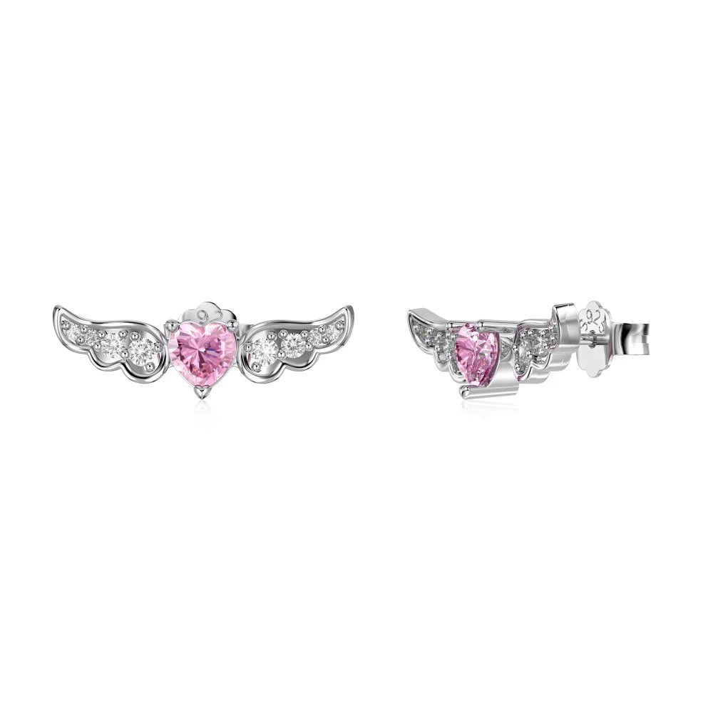 Silver Zircon Heart Cut Loving Wings Ear Studs