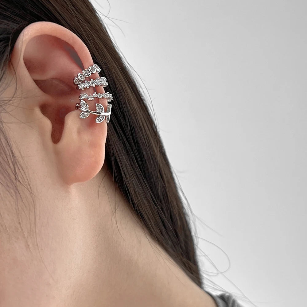 Silver Zircon Round Cut Inlaid Ear Cuffs