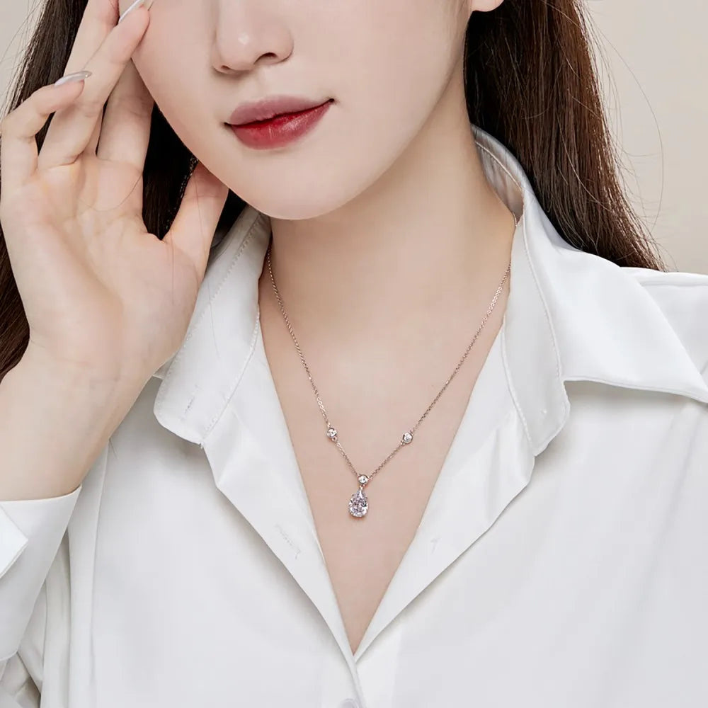 Silver Zircon Pear Cut Inlaid Tear Pendant Necklace
