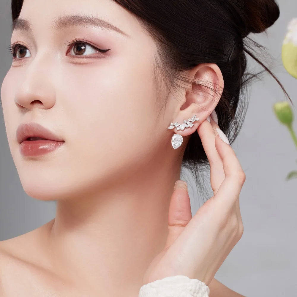 Silver Zircon Pear Cut Irregular Stacked Ear Studs