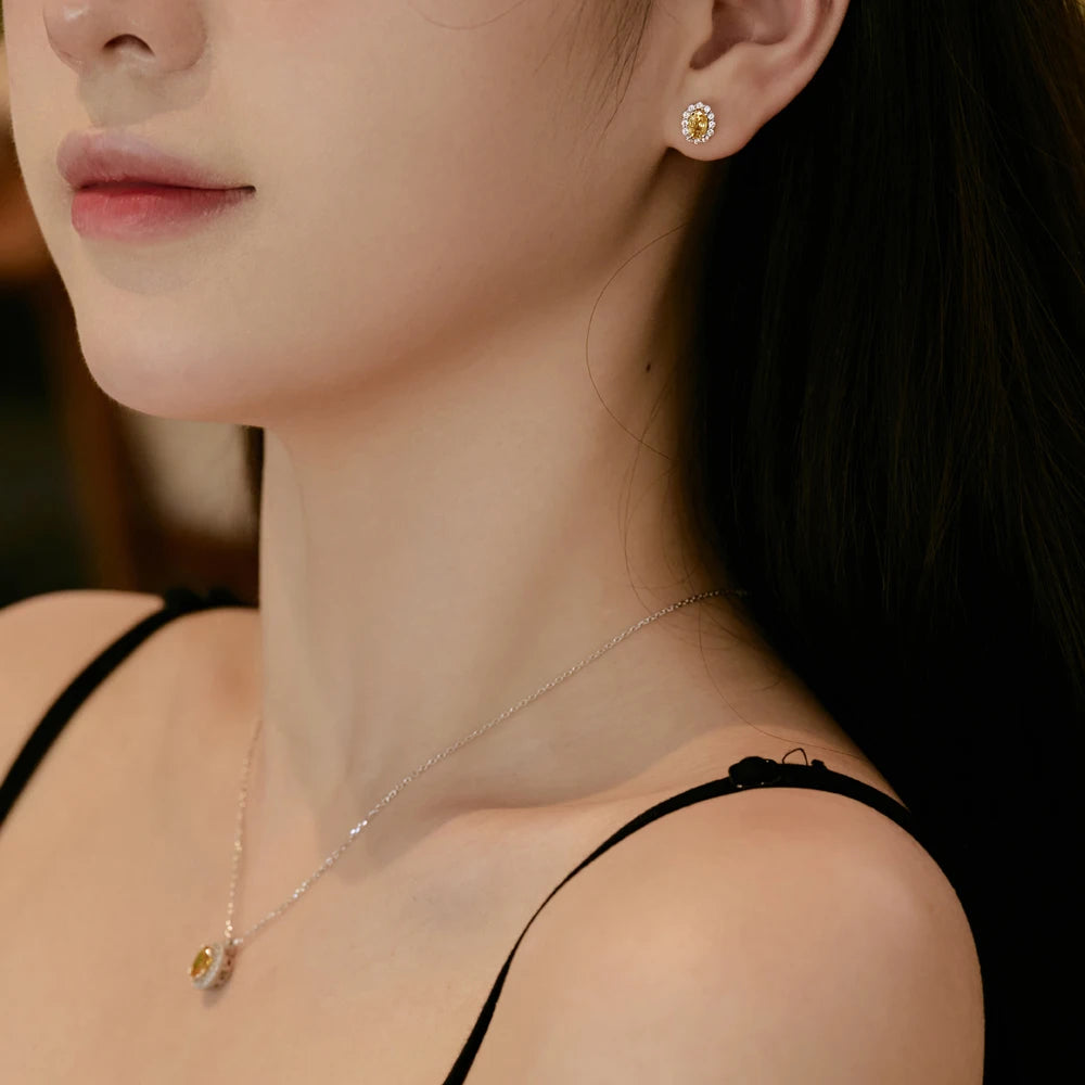 Silver Zircon Oval Cut Halo Frame Ear Studs