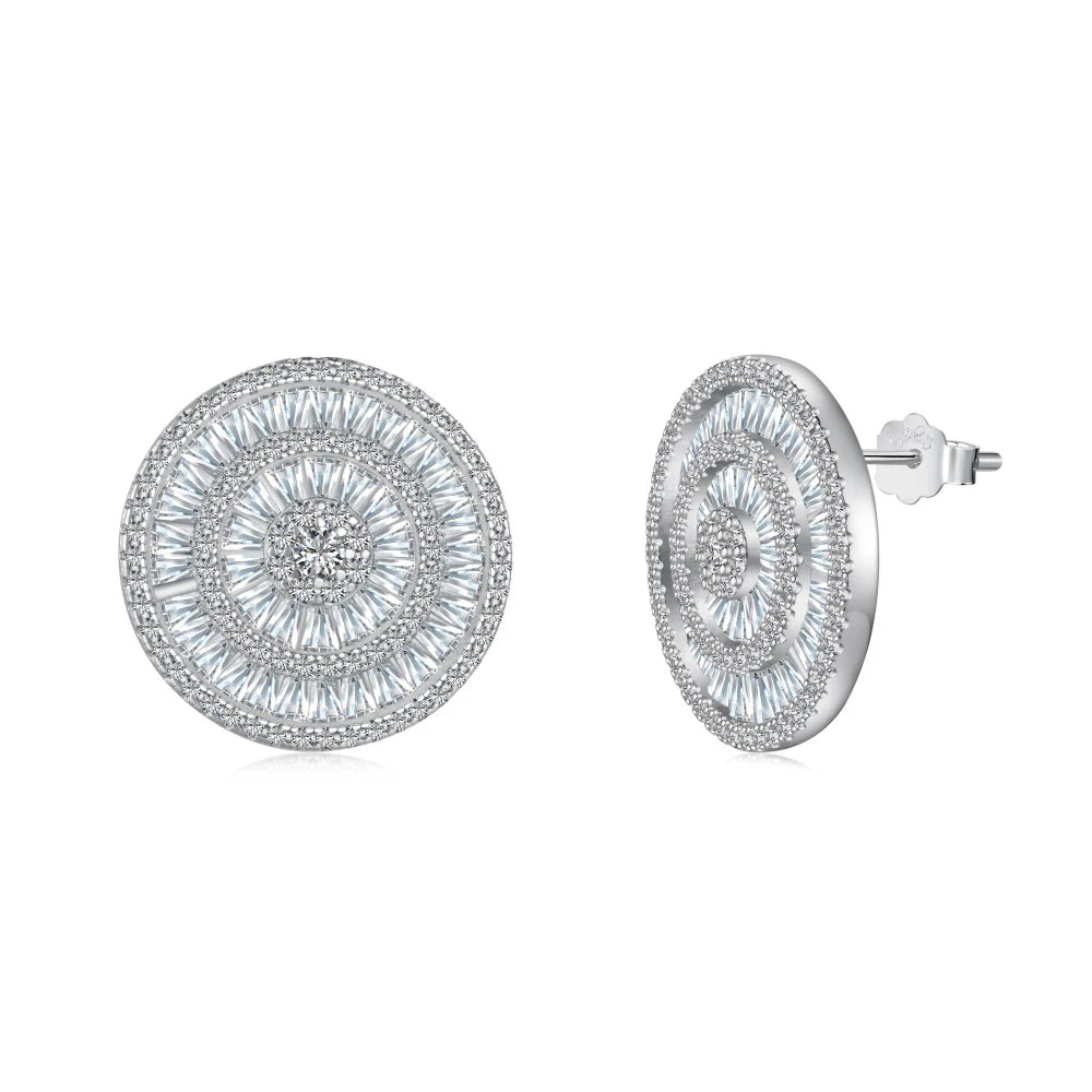 Silver Zircon Round Cut Iced Halo Ear Studs