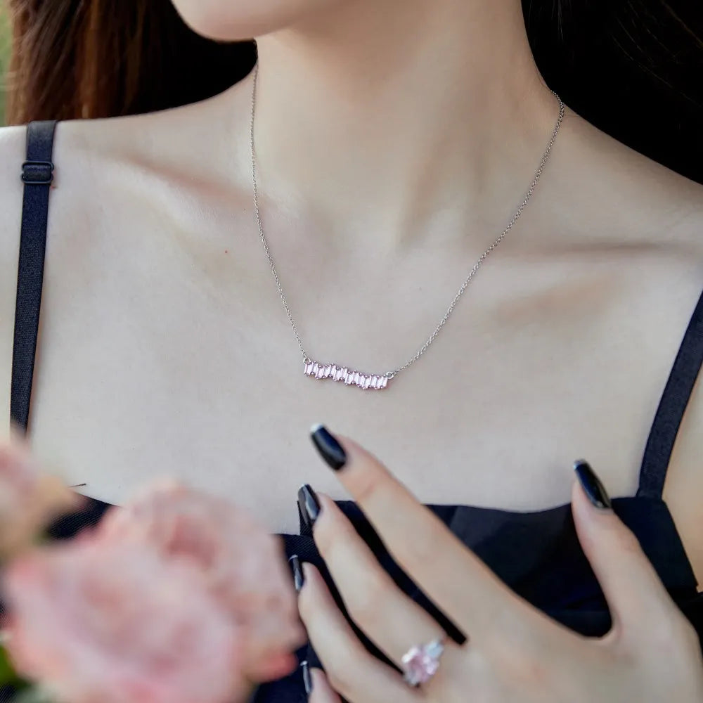 Silver Zircon Baguette Cut Irregular Bar Necklace